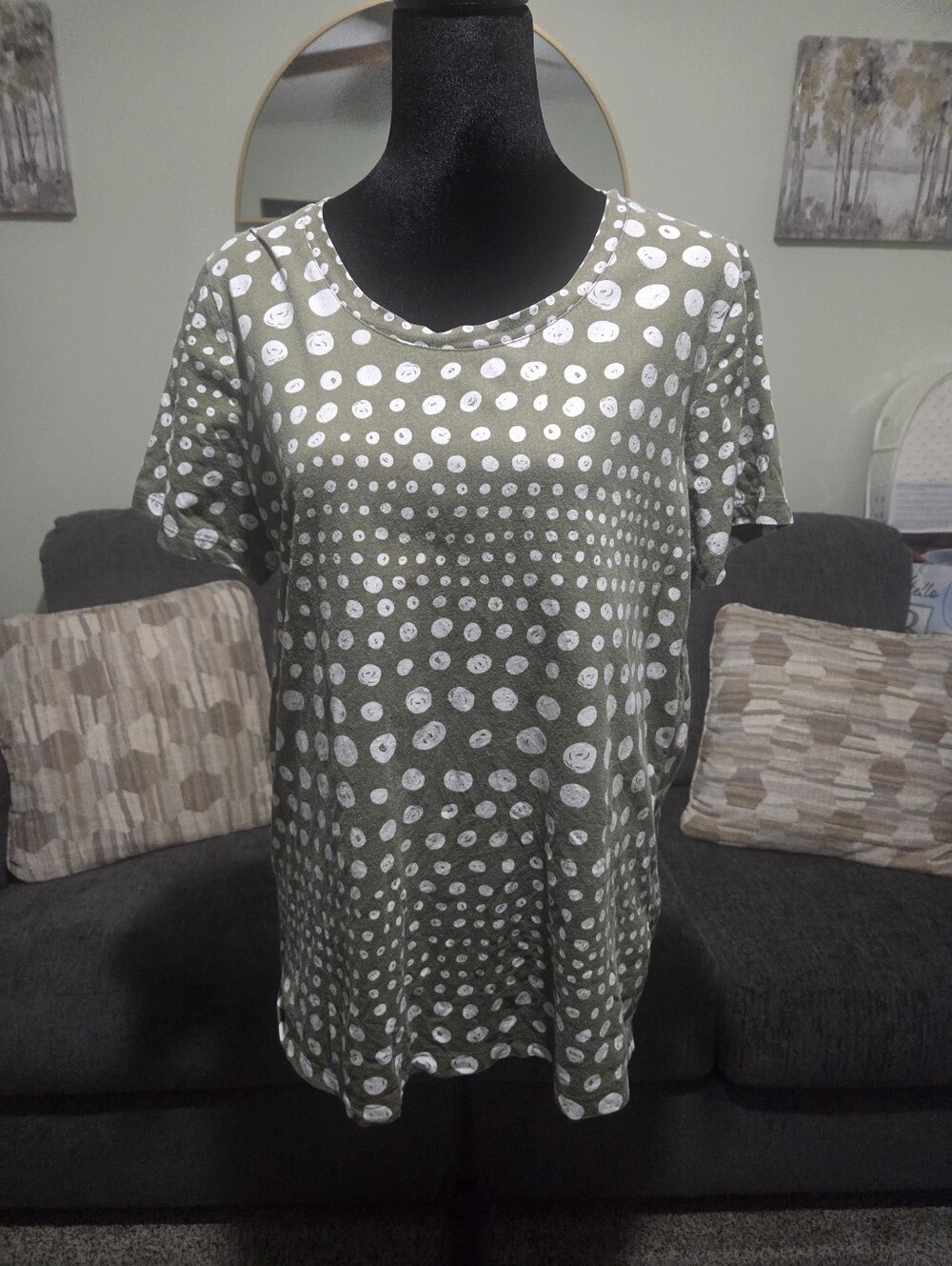 Coral Bay Olive Green Short Sleeve Scoop Neck Polka Dot Top
